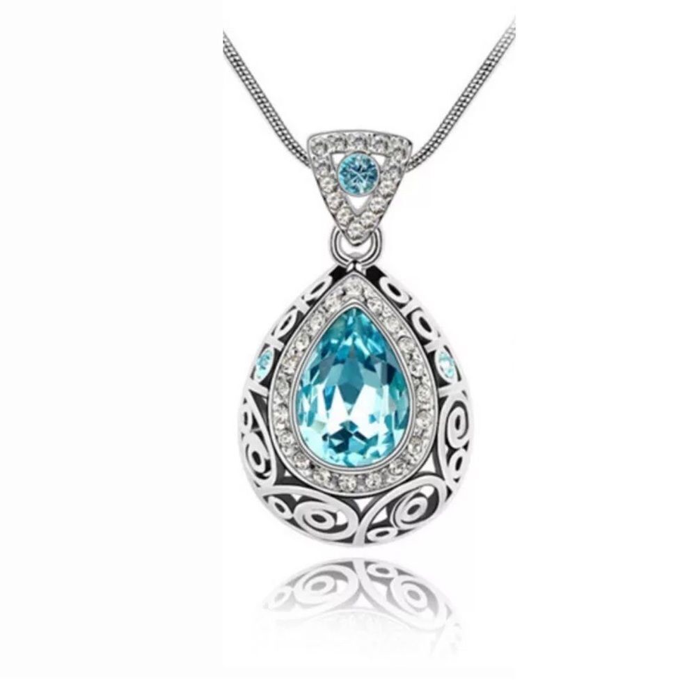❤️61❤️ Bali 925 Sterling Silver & Aquamarine Angel Tear Crystal Pendant Necklace